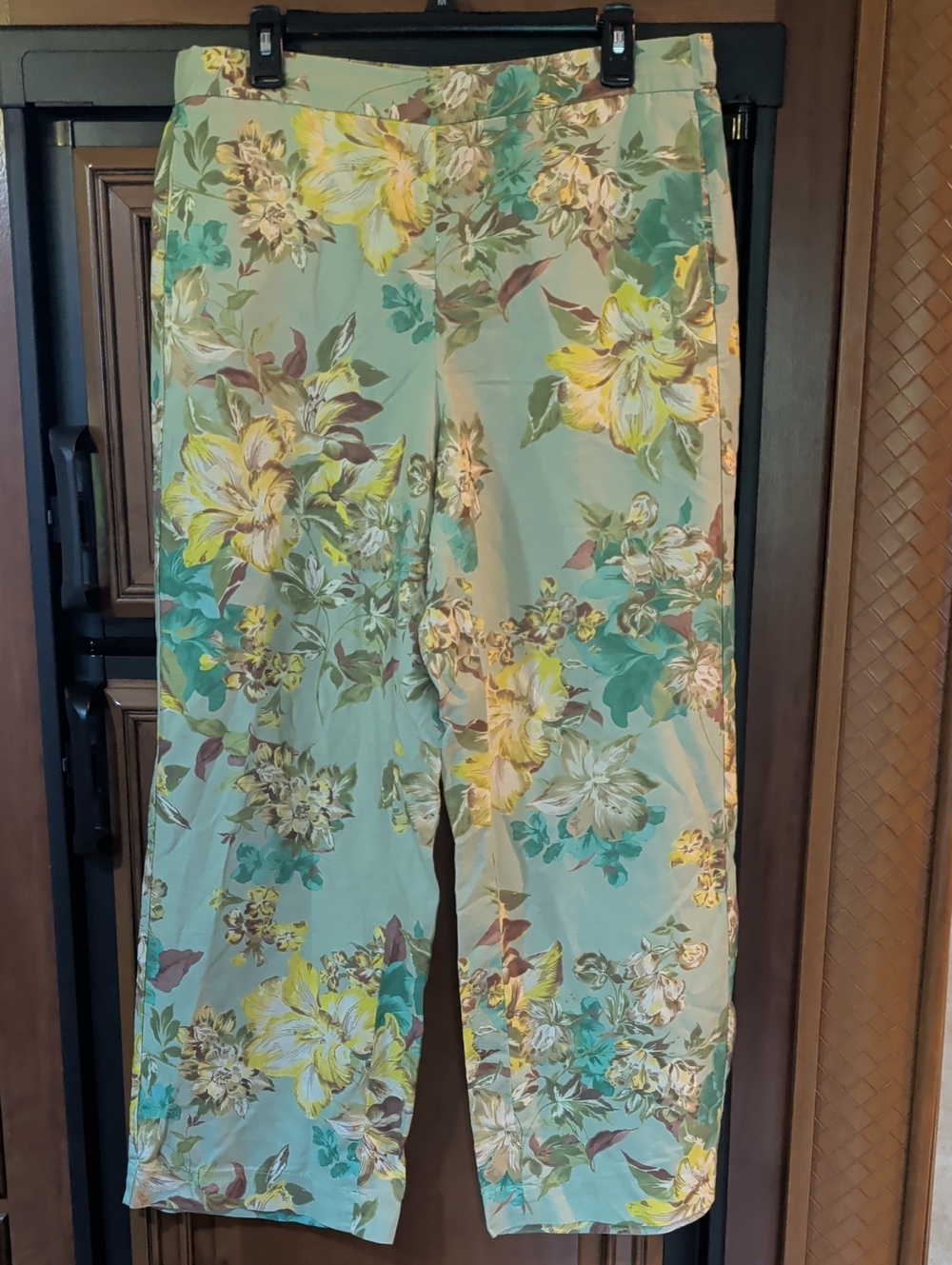 Talbots Linen Blend Floral Wide Leg Pants in Teal, Yellow, Green